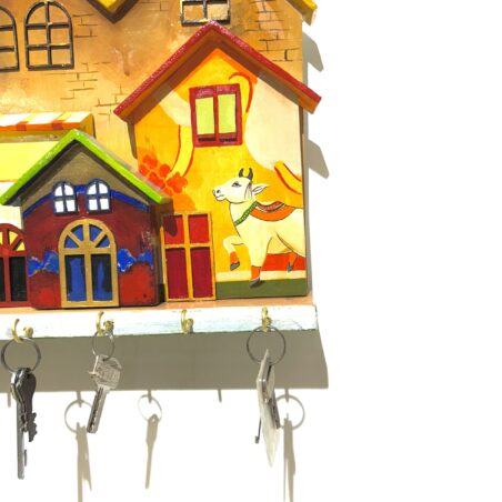 Hand-Painted Wooden House Key Holder with Cow Motif