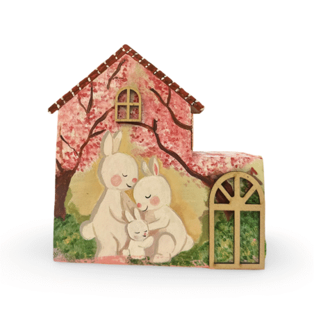 Handcrafted Wooden House with Bunny Family Design