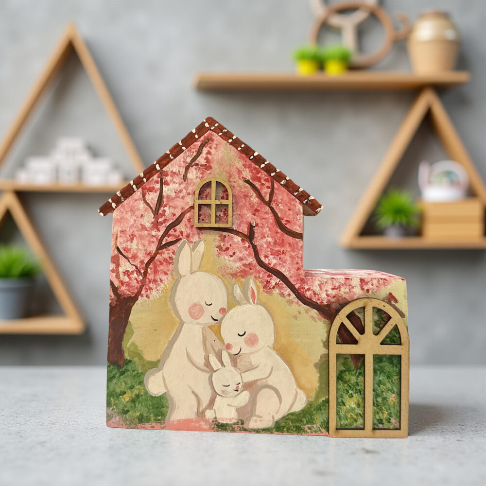 Handcrafted Wooden House with Bunny Family Design
