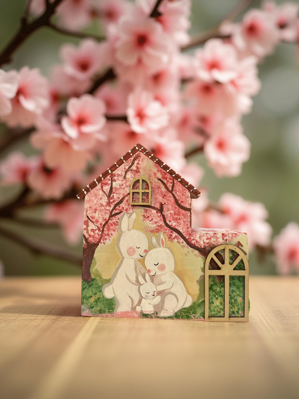 Handcrafted Wooden House with Bunny Family Design - Image 3