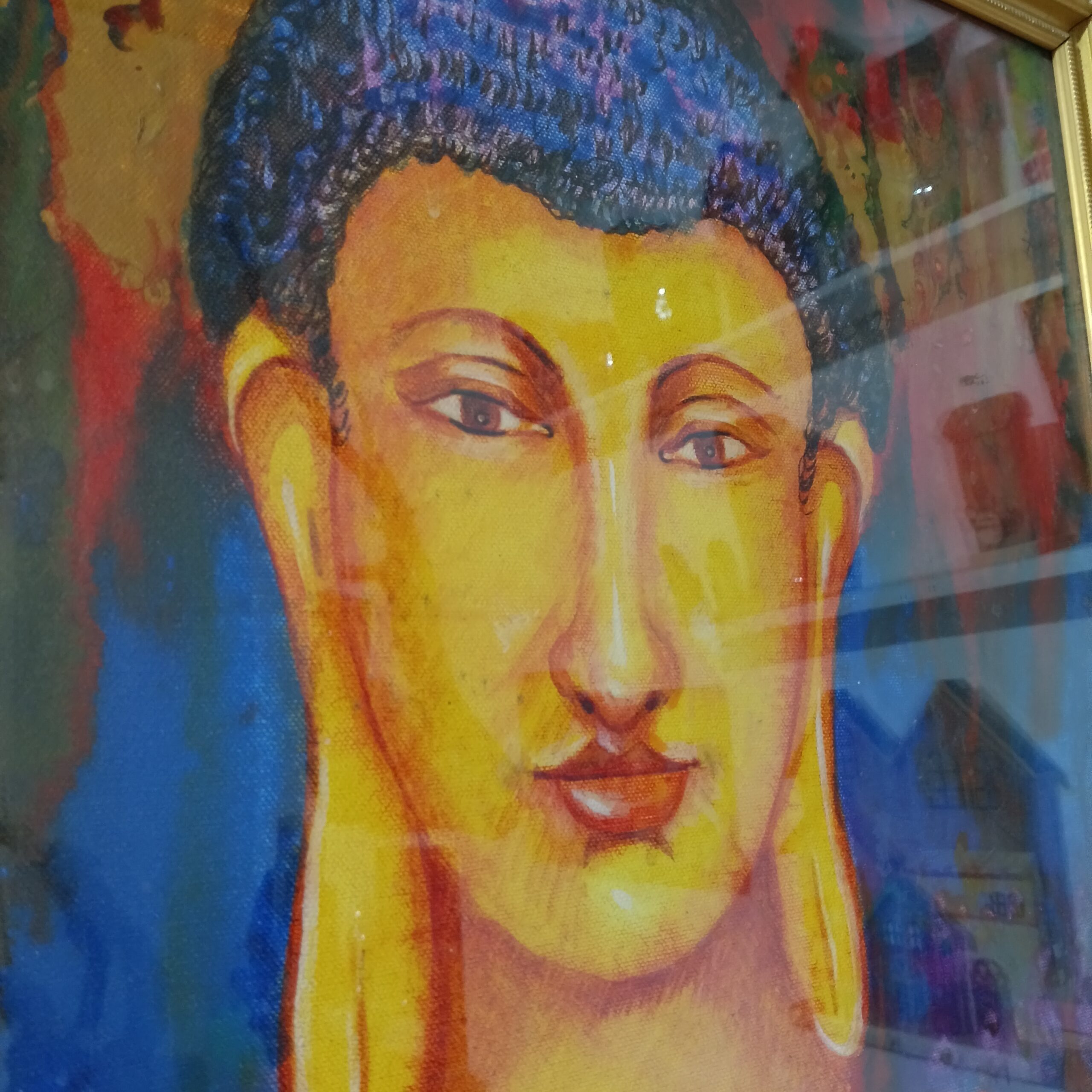 “Framed Buddha painting vibrant hand-painted wall art”