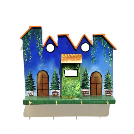 Decorative Wooden Key Holder – Hand-Painted Blue House Design with Orange Trim, Wall Mounted with Multiple Hooks