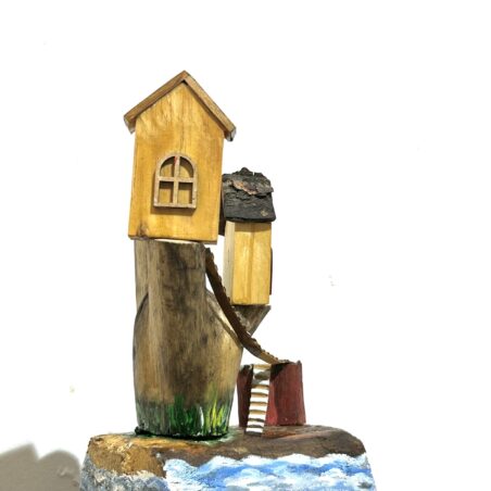 Handcrafted Wooden Tree House Sculpture – Yellow Miniature Houses, Coastal Beach Scene Decorative Art Piece