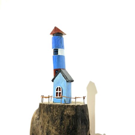 Handcrafted Coastal Lighthouse Decor – Blue & White Wooden Lighthouse with Driftwood Base, Nautical Beach House Style