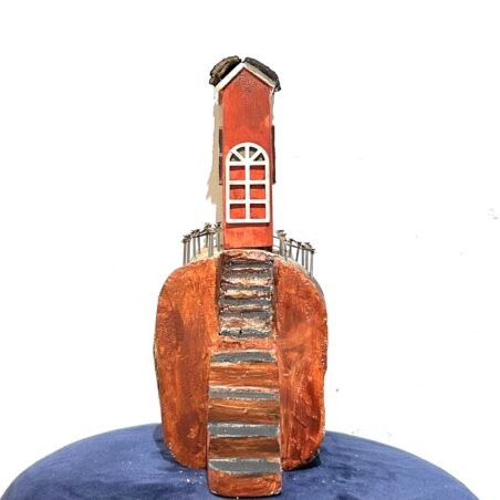 Vintage Red Lighthouse Wall Decor – Rustic Wooden Coastal Home Decoration with White Windows, Handcrafted Maritime Art Piece