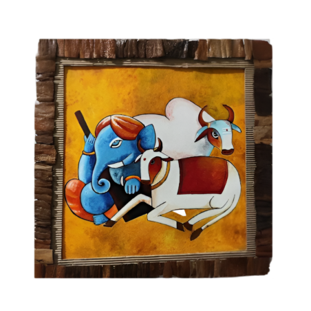 Hand‐painted Folk Art Wall Painting – Blue Divine Figure with Cows
