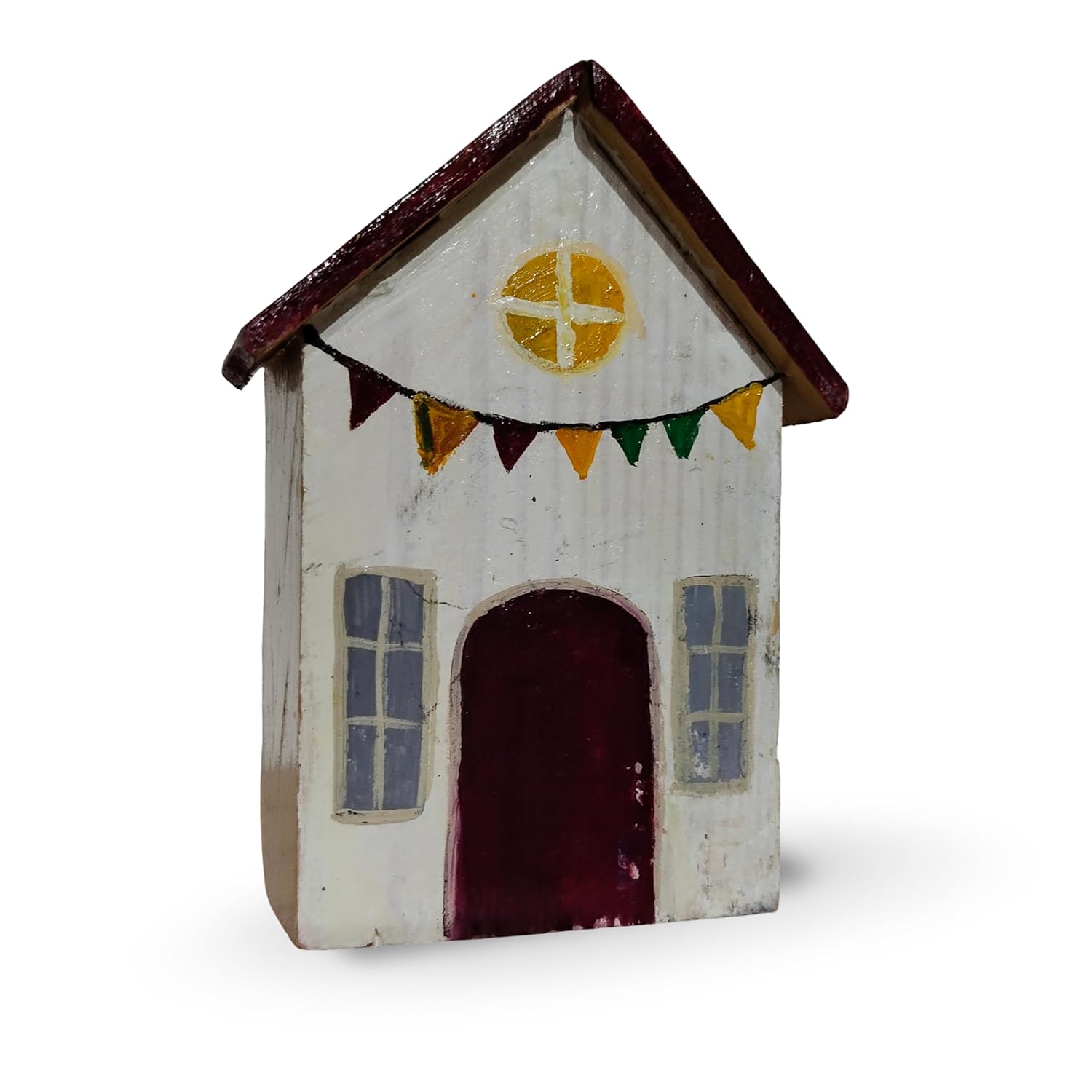 Handcrafted wooden miniature house with rustic white body