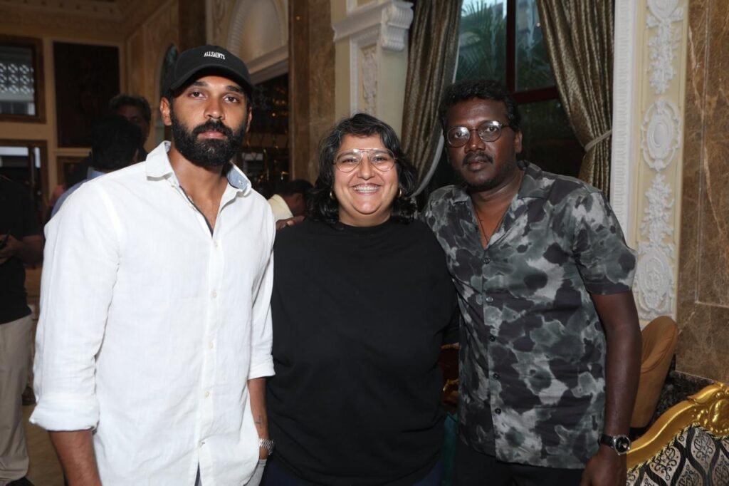 Aditi Anand with Druv Vikram and the team of the movie, Bison: Kaalamaadan 